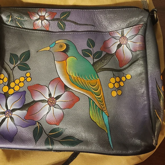 Anuschka Hand-Painted Floral Black Leather Bag 12x10 - Picture 5 of 7